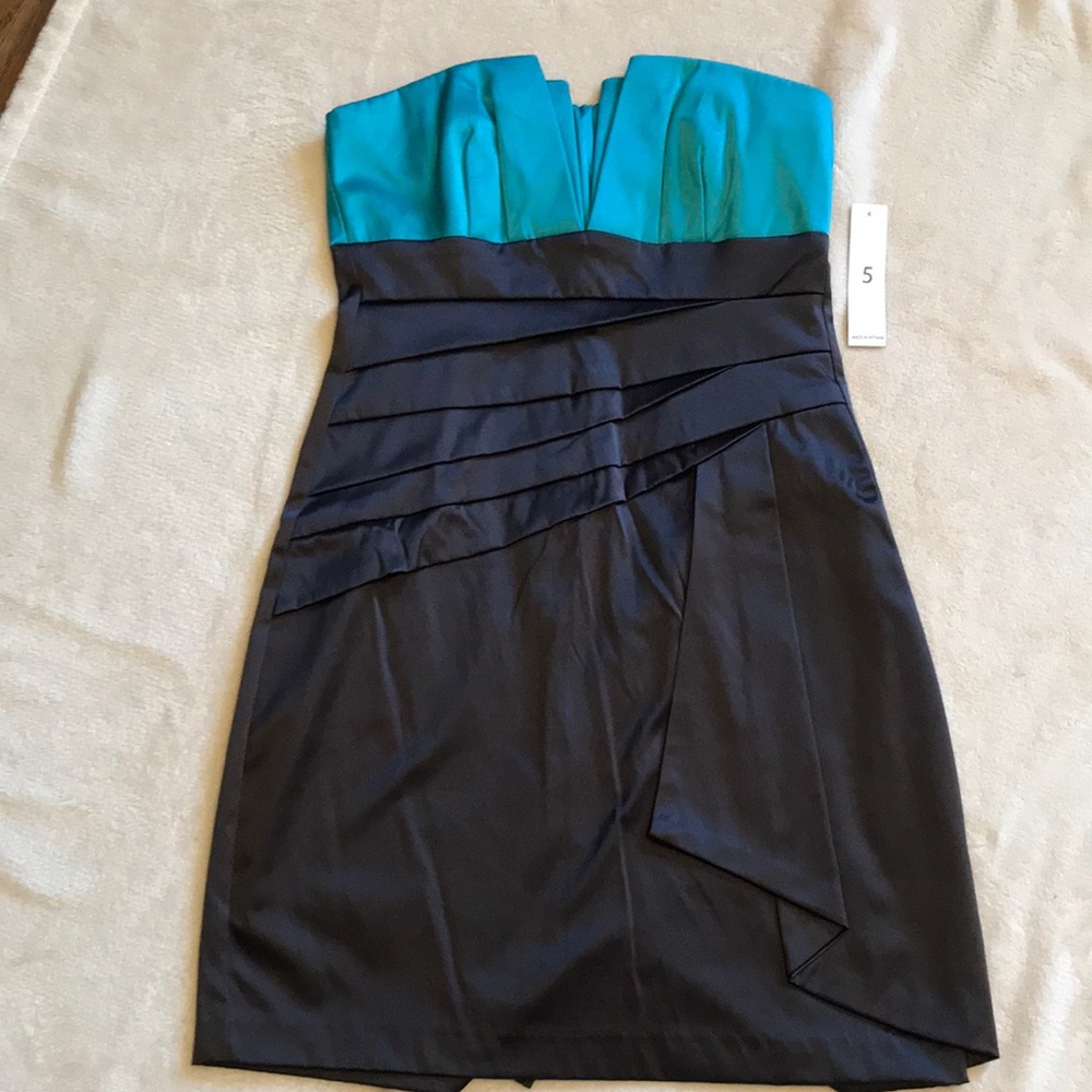 Gray and teal cocktail dress